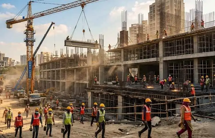 Multi-story building construction in Ahmedabad with premium quality materials used.